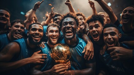 Champions team portrait with the trophy. The World Cup winners' celebration. Generative ai