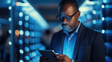 African American IT specialists. System engineer analyze data on a tab in the data center. Generative ai - Powered by Adobe