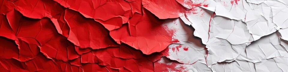 Red and white old torn crumpled paper, abstract background. Generative AI