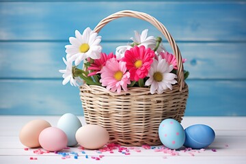 Fototapeta na wymiar wicker basket with blue and pink eggs, fresh daisies aside