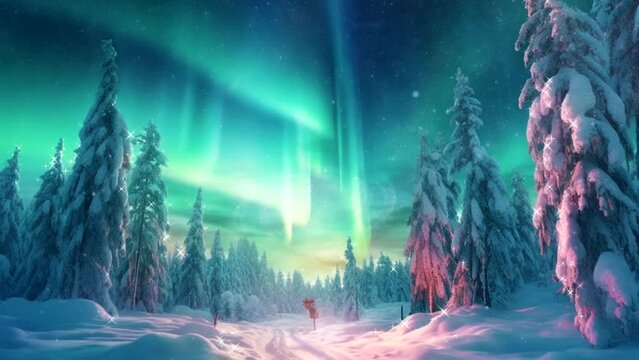 Winter night scene with aurora over frozen forest over mountains. seamless looping virtual video animation background