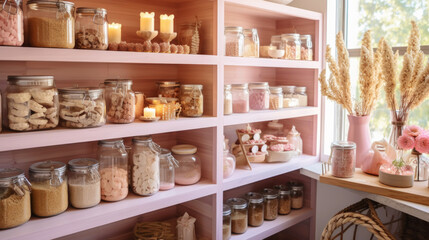 Organization of food storage. Cozy pantry with glass jars and wicker baskets. Light pink colour palette. Generative AI