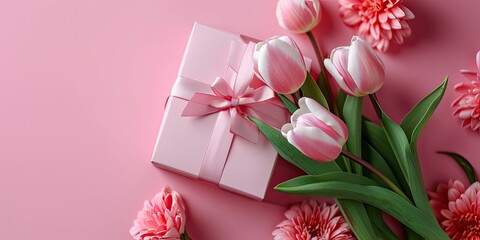 Obraz na płótnie Canvas Elegant Gift Presentation: Photo of Gift Box adorned with Pink Tulips on a Pink Background - Top View with Ample Empty Space - Create a Charming Composition 