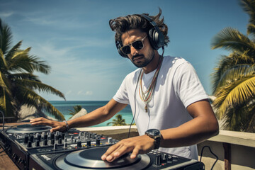 A cheerful DJ with glasses is playing at a beach party. Outdoor concert