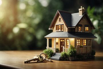 Miniature house and key. The concept for a mortgage, renting or buying a house, real estate, investment, property concept wholesale. - obrazy, fototapety, plakaty