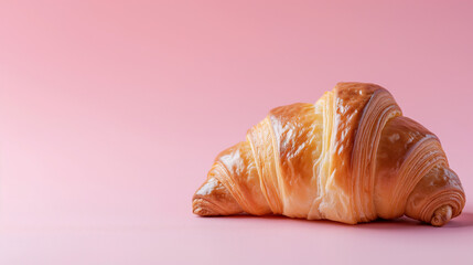 Fresh French Croissant on a Pastel Pink Background with Copy Space. Bakery banner featuring a...