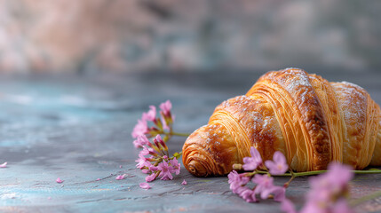 Fresh French Croissant on a Pastel Blue Grey Background with Pink Flowers and Copy Space. Bakery banner featuring a delicious and inviting pastry.