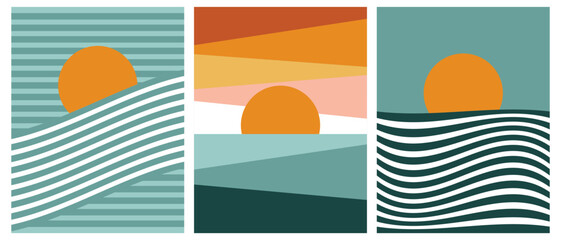 Set of vintage landscape backgrounds with sun and sea waves. Retro tapestries in boho style. Vector