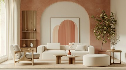 2d mockup of living room in pastel colors, in the style of light emerald and beige, arched doorways, natural fibers, light pink and brown