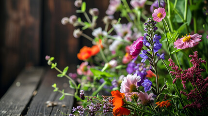Flowers on a wooden background with a wooden sign  that spring, generative ai