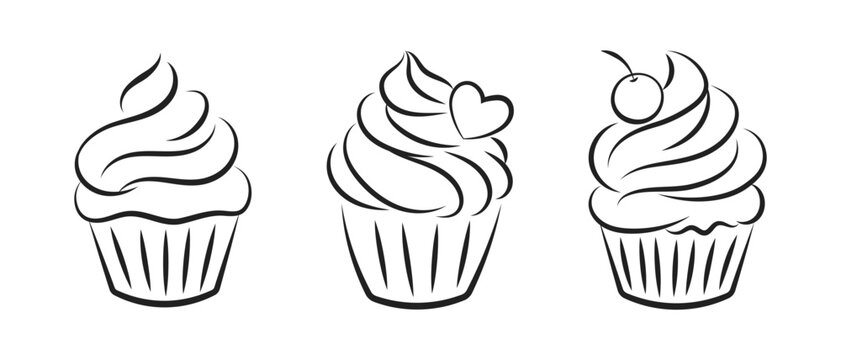 Set of linear cupcake silhouettes, line art, clipart isolated on white background. Sweet desserts. Food illustration, vector