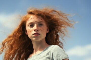 portrait of a young stylish red-haired girl, against a blue sky background