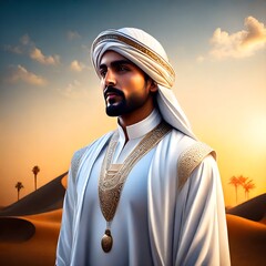 Handsome Arabian man in the desert. 3D rendering. Ai generated