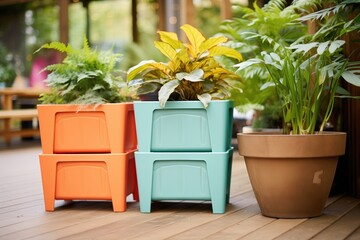 stackable plastic garden bins with leafy plants