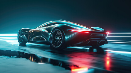 Futuristic sports car on wet asphalt with light reflections