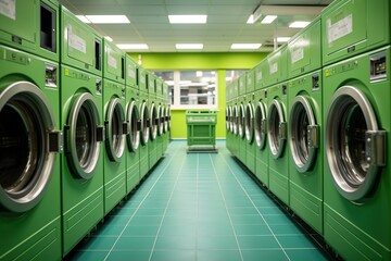 Sleek laundromat, rows of eco-friendly machines