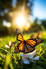 Vertical photo of a monarch butterflies fluttering over a lush meadow at dawn in spring. Butterflies are captured in motion, dancing over a vibrant green meadow. 