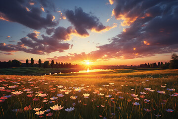 Serene spring sunset over a meadow of blooming wildflowers by the lake.