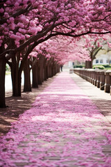 Stunning view of cherry blossom trees, covering the ground with petals along a quiet path in a park in spring
