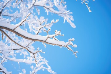 snowcovered tree branches against a clear blue sky