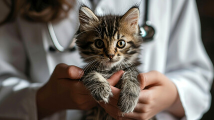 The veterinarian holds a small kitten in his hands. selective focus. Generative AI, - obrazy, fototapety, plakaty