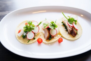 carnitas street tacos with radish slices and chile sauce