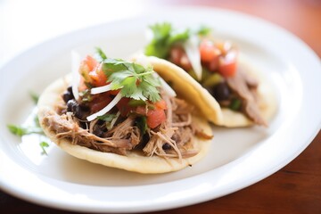 carnitas and black bean stuffed arepas on a white plate