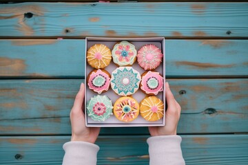 person holding a box of colorful donuts, top view