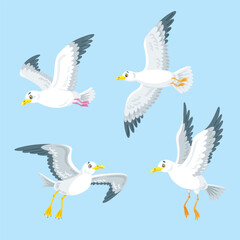 Set of four flying white seagulls. In cartoon style. Isolated on blue background. Vector flat illustration