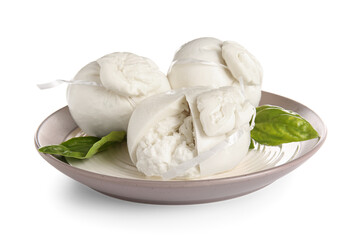 Plate of tasty Burrata cheese with basil on white background