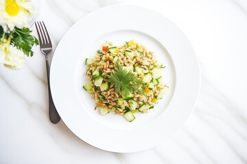 top view of farro salad with diced cucumber on white plate