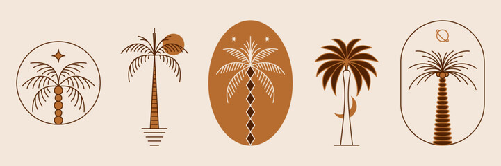 Palm tree arch frame thin line icon abstract design summer logo template modern minimal linear emblem for vacations rentals and travel services. Vector illustration - obrazy, fototapety, plakaty