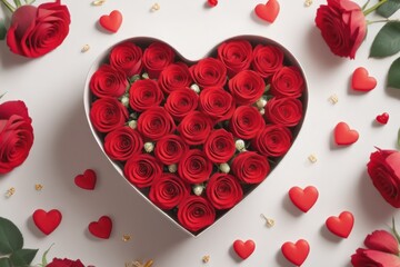 Floral love: Heart gift box with red roses in a top view Valentine concept.