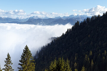Sea of clouds and peaks of the Bavarian and Tyrolean Alps, view from the Heimgarten mountain, Germany, Europe