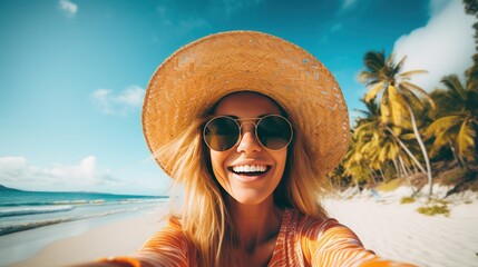 Happy young woman in straw hat and sunglasses takes a selfie on the beach against the backdrop of palm trees - obrazy, fototapety, plakaty