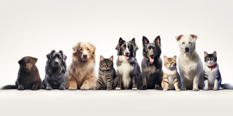 Large group of cats and dogs looking at the camera banner isolated on white .
 
