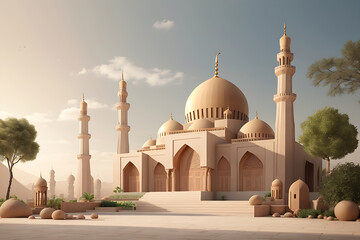 Ramadan Kareem with the serene mosque, 3d rendering