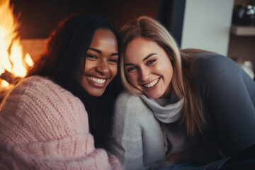 Warm Moments by the Fireplace: Joyful Multiracial Friends Sharing Smiles.
