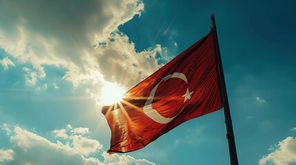 The flag of Turkey flutters in the wind against a bright blue sky. Created with Generative Ai technology.