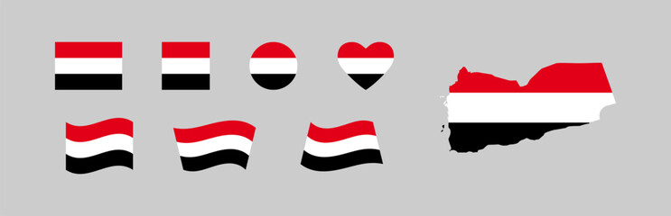 Fototapeta premium Yemen flag set and county map. National icon symbols, country in southwest Asia. Isolated vector illustration