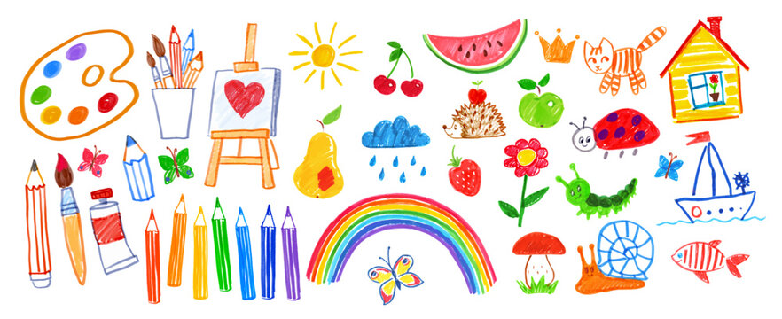 Felt pen vector illustrations collection of child drawings. Art supplies, animals and nature