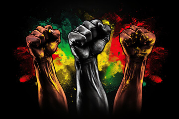 Colorful Three Hand Rising Fist, Red, Yellow, and Green Color Digital Art Illustration Oil Painting for Black History Month - obrazy, fototapety, plakaty