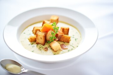 bowl of lentil soup topped with croutons