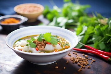 bowl of spicy lentil soup with chili pepper