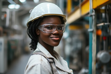 Portrait of an African American smiling female worker in white overalls at a modern manufacturing plant wearing a safety hardhat and goggles looking at camera