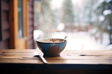 steaming bowl of lentil soup in winter setting