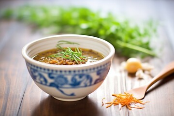 bowl of lentil soup with a sprig of thyme