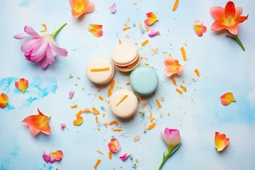 Poster macarons with flower petals, marble surface © studioworkstock