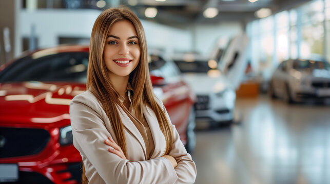 高級自動車ディーラーのエレガントな営業マネージャー。成功した女性営業のイメージ。