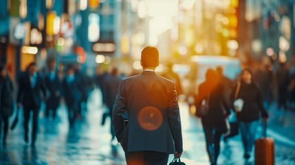 ダウンタウンを横断する歩行者の微速度撮影効果。ビジネスと時間の流れイメージ。